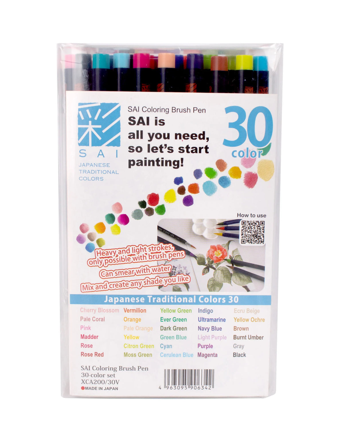 Akashiya Sai Artist Water Colour Fude Brush Pen 30 Japanese Traditional Color Set (CA200/30V)