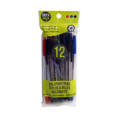 Onyx & Green Ball Pen Made From Recycled Plastic, Red, Blue, Black, Eco Friendly - 12 Pack (1000).