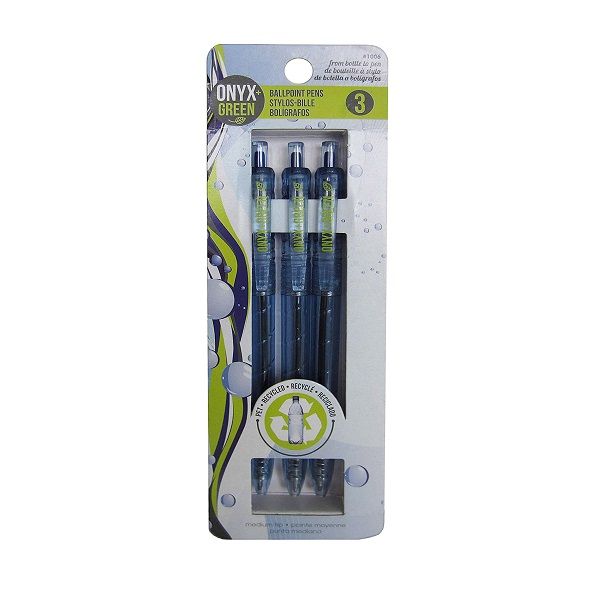 Onyx & Green Ball Pen Blue Ink, Recycled Plastic, Eco Friendly - 3 Pack (1006).