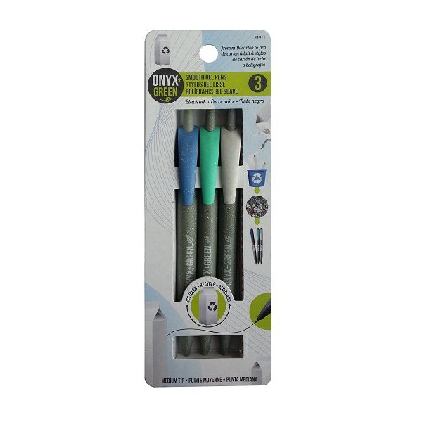 Onyx & Green Gel Pens Black, Made From Recycled Milk Carton, Eco Friendly - 3 Pack (1011).