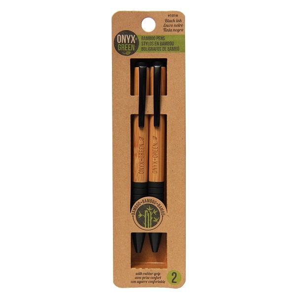 Onyx & Green Ball Pens Black With Rubber Grip, Retractable, Made From Bamboo And Natural Rubber, Eco Friendly - 2 Pack (1016).