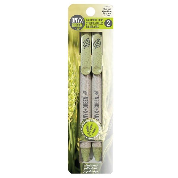 Onyx & Green Ball Pen Blue .7Mm Made Of Wheat Straw, Retractable, Eco Friendly- 2 Pack (1019).