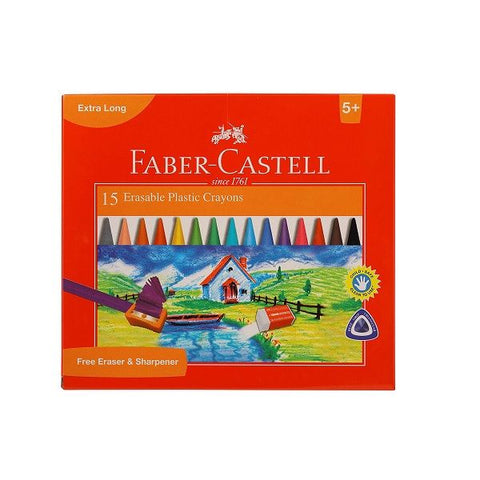 Faber Castell Erasable Plastic Crayons 110 mm 122715 (Free Ereser & Sharpener) 15 Shades.