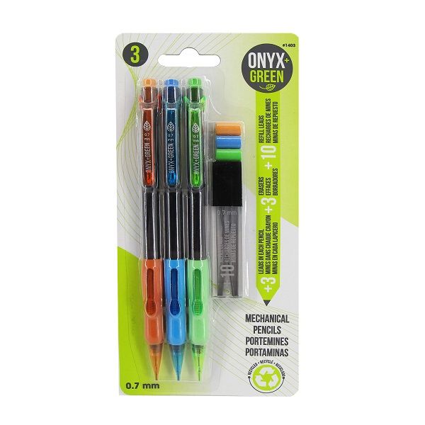 Onyx & Green Mechanical Pencil, Bonus Pack With 3 Erasers And Leads, Made From Recycled Plastic - 3 Pack (1403).