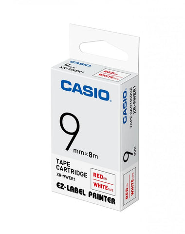 Casio XR-9WER1 Tape Cassette, 9mm X 8m, Red on White