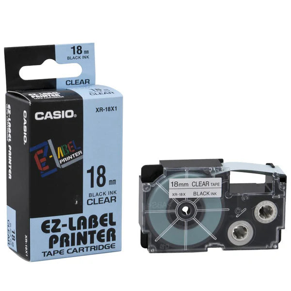 Casio XR-18X1 Tape Cassette, 18mm X 8m, Black on Clear