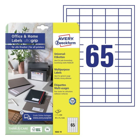 Avery Multipurpose Labels in A4 Sheet-White  650 Labels , W38 mm x H21.2 mm 3666-10