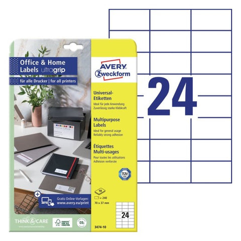 Avery Multipurpose Labels in A4 Sheet-White ,240 Labels ,W70 mm x H37 mm 3474-10