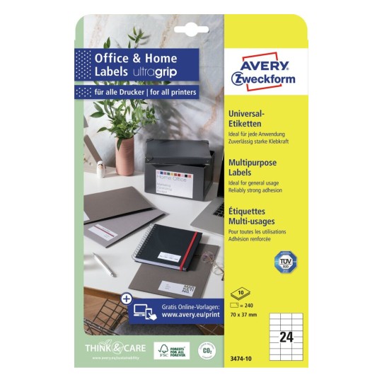 Avery Multipurpose Labels in A4 Sheet-White ,240 Labels ,W70 mm x H37 mm 3474-10