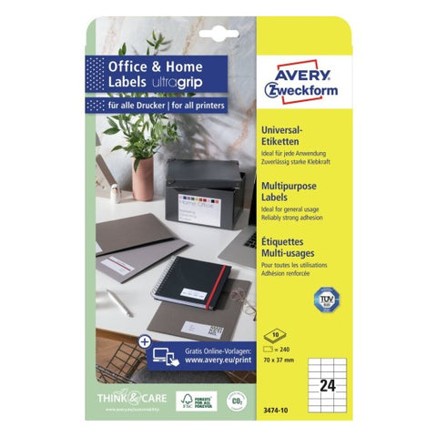 Avery Multipurpose Labels in A4 Sheet-White ,240 Labels ,W70 mm x H37 mm 3474-10