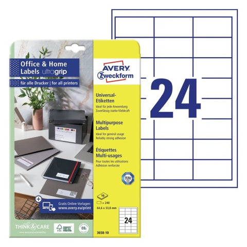 Avery Multipurpose Labels in A4 Sheet-White ,240 Labels ,W70 mm x H36 mm 6122
