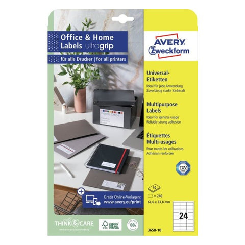 Avery Multipurpose Labels in A4 Sheet-White ,240 Labels ,W70 mm x H36 mm 6122