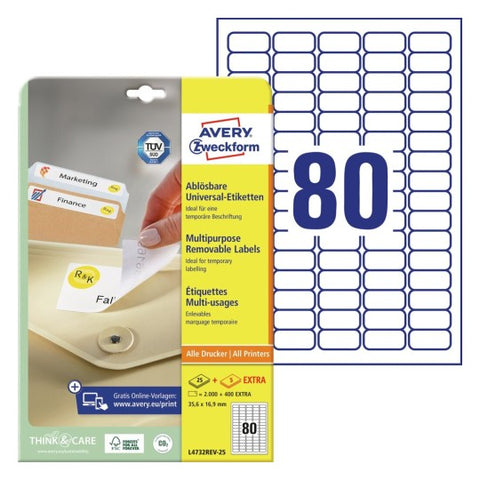 Avery Multipurpose Removable Labels-White ,10 Sheets ,W35.6 mm x H16.9 mm L4732REV-25