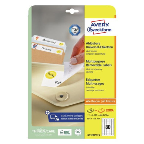 Avery Multipurpose Removable Labels-White ,10 Sheets ,W35.6 mm x H16.9 mm L4732REV-25