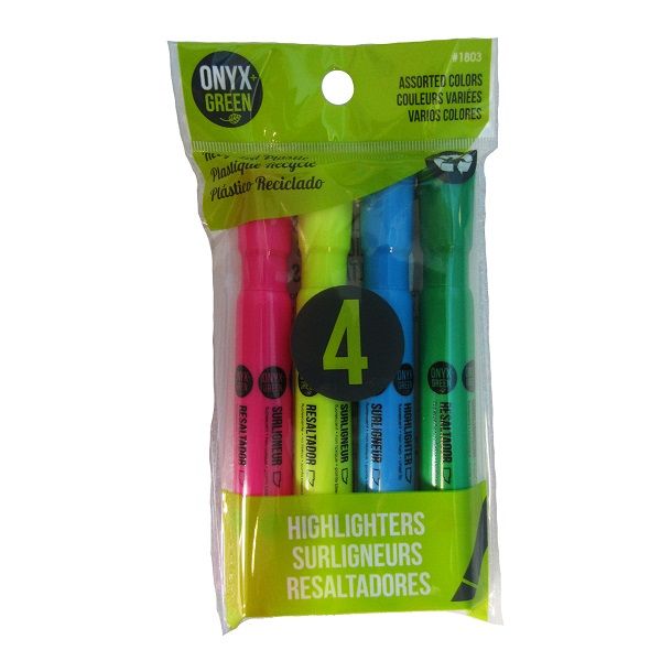 Onyx & Green Broad Highlighter Pens, 4 Colors, Chisel Tip, Made From Recycled Plastic -  (1803).