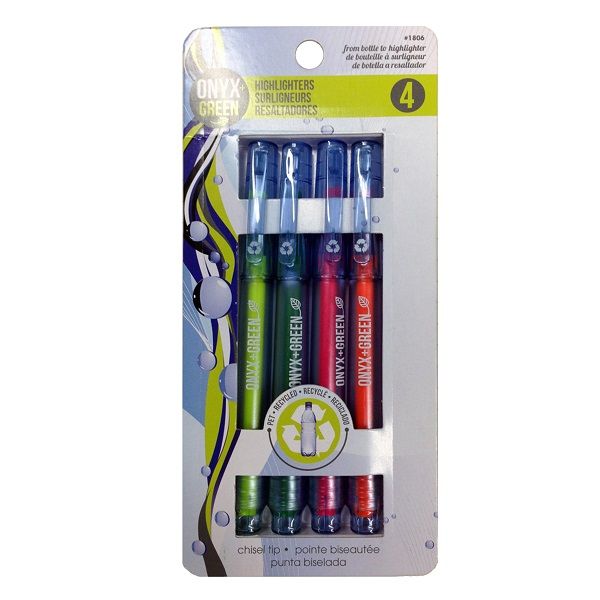 Onyx & Green Fine Highlighter Pens, 4 Colors, Chisel Tip, Made From Recycled Pet - (1806).