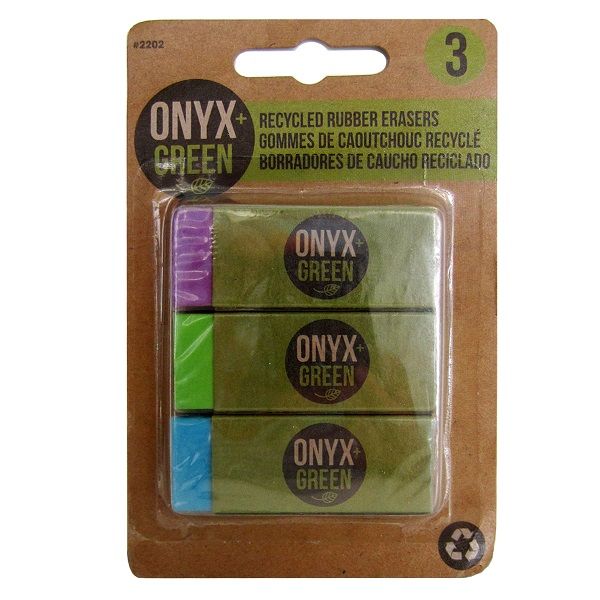 Onyx & Green Erasers, Made From Recycled Rubber - 3 Pack (2202).
