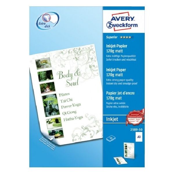 Avery Superior Inkjet Paper, A3, 50 Sheets Per Pack.