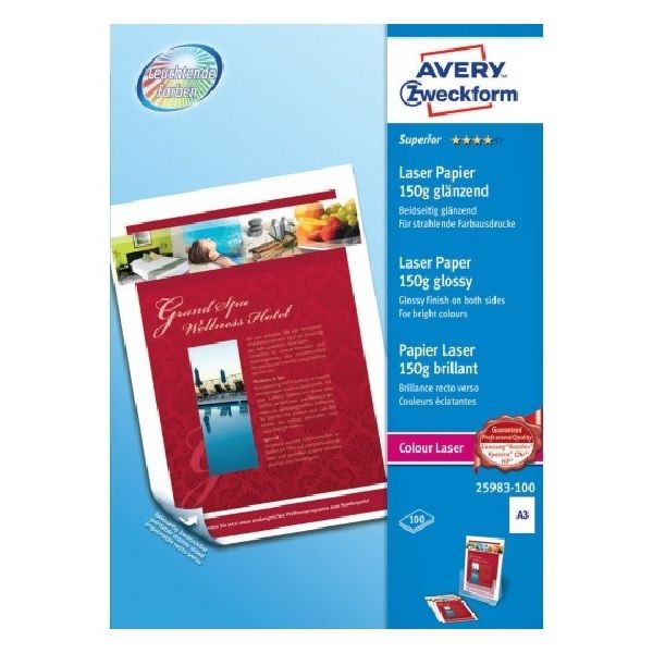 Avery Superior Colour Laser Paper, A3, 100 Sheets Per Pack.