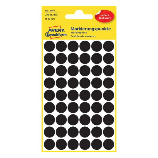 Avery Dot stickers Ø 12 mm, Black, permanent 270 Labels 3140