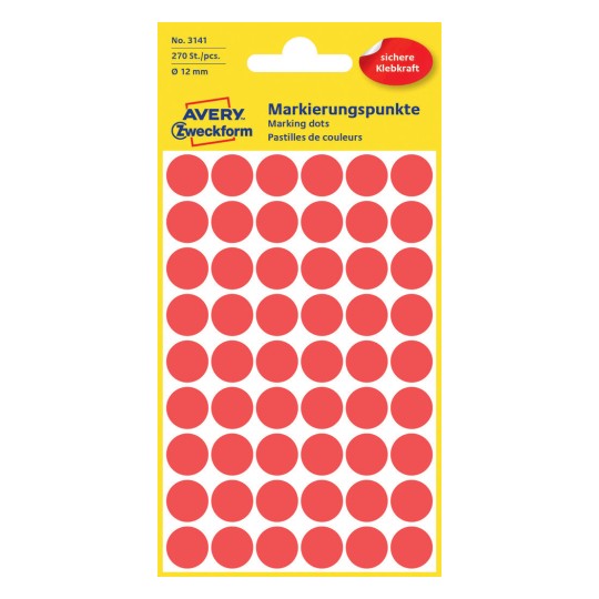 Avery Dot stickers Ø 12 mm, Red permanent 270 Labels 3141