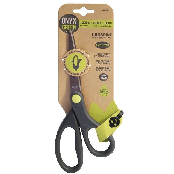 Onyx & Green Scissors, 6.75 Inch, Pointed Tip With Corn Plastic Handles, Eco Friendly (3205).