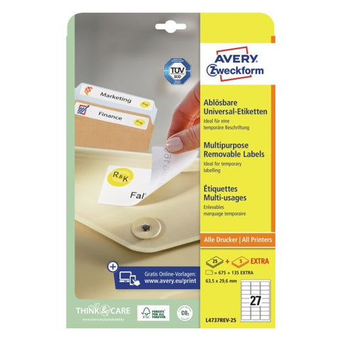 Avery Multipurpose Removable Labels-White ,10 Sheets ,W63.5 mm x H29.6 mm L4737REV-25