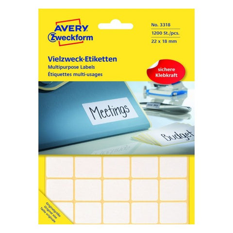 Avery Permanent Handwriting Labels-White , 1200 Labels ,W 22 mm x H 18 mm 3318
