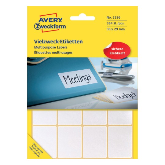 Avery Permanent Handwriting Labels -White ,384 Labels , W 38 mm x H 29 mm 3326