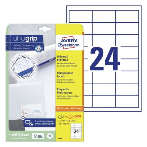 Avery Multipurpose Labels in A4 Sheet-White, 25+5 Extra Sheets , W64.6 mm x H33.8 mm 6172