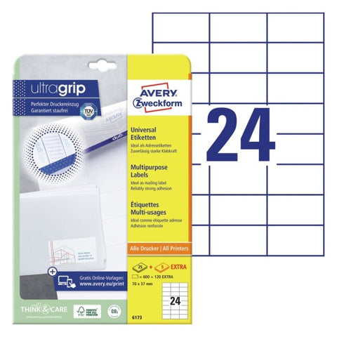 Avery Multipurpose Labels in A4 Sheet-White ,25+5 Extra Sheets ,W 70 mm x H 37 mm 6173