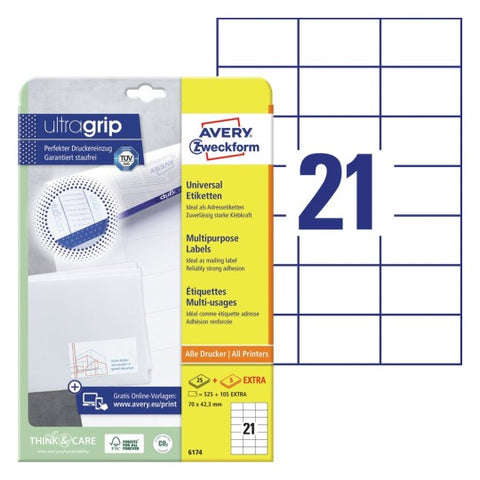 Avery Multipurpose Labels in A4 Sheet-White ,25 + 5 Extra Sheets ,W70 mm x H42.3 mm 6174