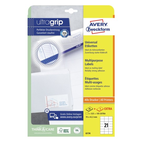 Avery Multipurpose Labels in A4 Sheet-White ,25 + 5 Extra Sheets ,W70 mm x H42.3 mm 6174