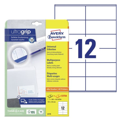 Avery Multipurpose Labels in A4 Sheet-White ,25+5 Extra Sheets ,W105 mm x H48 mm 6175