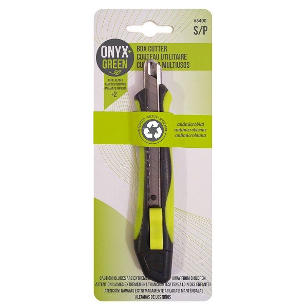 Onyx & Green Box Cutter With 3 Blades And Comfortgrip, Anti-Microbial Recycled Plastic (3400).