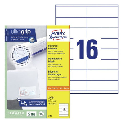 Avery Multipurpose Labels in A4 Sheet-White ,100 Sheets, W 105 mm x H 35 mm 3423