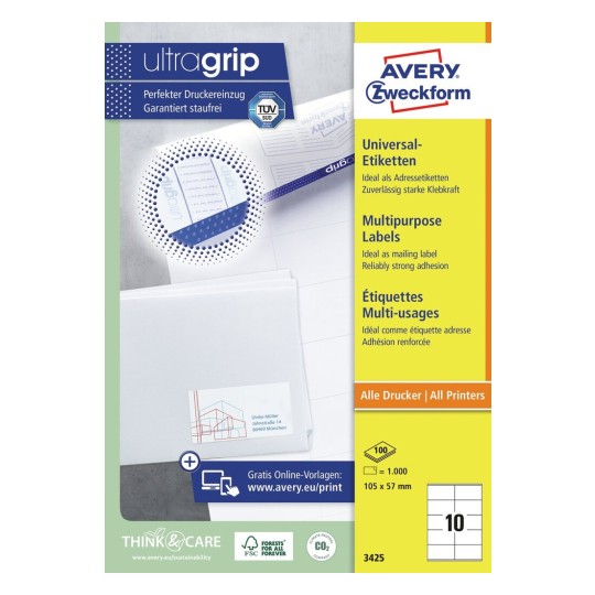 Avery Multipurpose Labels in A4 Sheet-White ,100 Sheets ,W105 mm x H 57 mm 3425