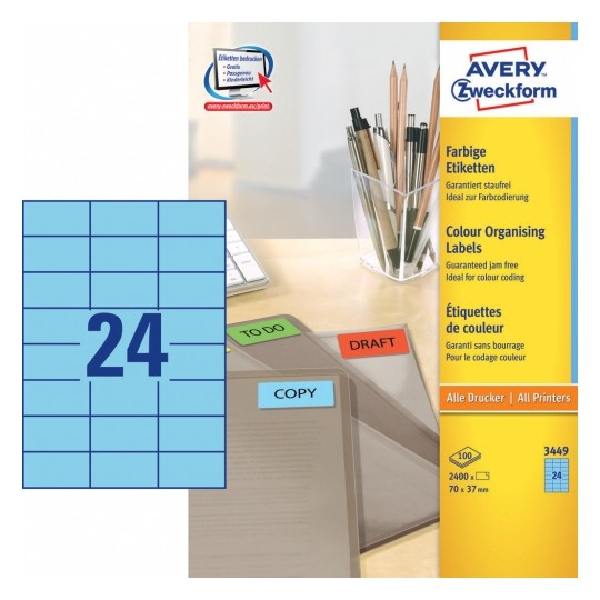 Avery Coloured Labels In A4 Sheet , 2400 Labels Per 100 Pages, Blue.