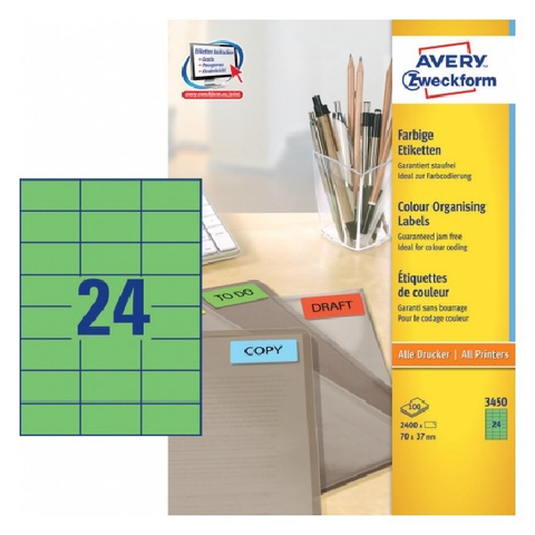 Avery Coloured Labels In A4 Sheet , 2400 Labels Per 100 Pages, Green.