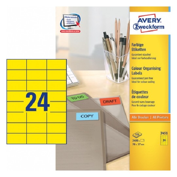 Avery Coloured Labels In A4 Sheet , 2400 Labels Per 100 Pages, Yellow.