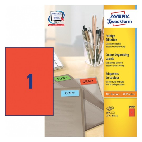 Avery Coloured Labels In A4 Sheet , 100 Labels Per 100 Pages, Red.