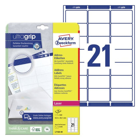 Avery Address Labels For C6 Envelopes -White , 840 Labels , W 63.5 mm x H 38.1 mm L7160-40