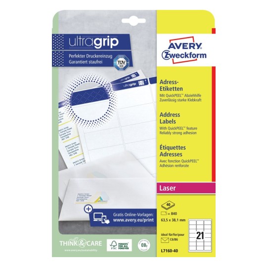 Avery Address Labels For C6 Envelopes -White , 840 Labels , W 63.5 mm x H 38.1 mm L7160-40