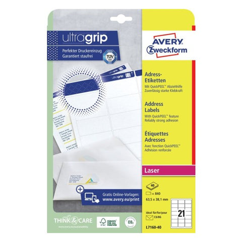 Avery Address Labels For C6 Envelopes -White , 840 Labels , W 63.5 mm x H 38.1 mm L7160-40