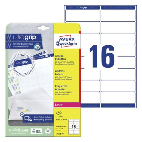 Avery Address Labels For DIN Long Envelopes-White ,640 Labels ,W 99.1 mm x H 33.9 mm L7162-40