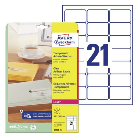 Avery Clear Address Labels For C6 Envelopes-525 Labels ,W 63.5 mm x H 38.1 mm L7560-25