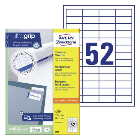 Avery Multipurpose Labels in A4 Sheet-White ,100 Sheets ,W 48 mm x H 21 mm 3650
