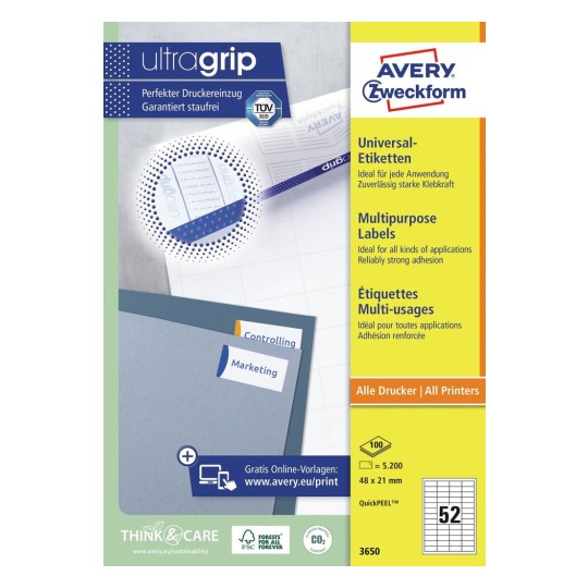 Avery Multipurpose Labels in A4 Sheet-White ,100 Sheets ,W 48 mm x H 21 mm 3650