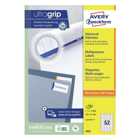Avery Multipurpose Labels in A4 Sheet-White ,100 Sheets ,W 48 mm x H 21 mm 3650