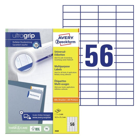 Avery Multipurpose Labels in A4 Sheet-White ,100 Sheets ,W 52.5 mm x H 21.2 mm 3668